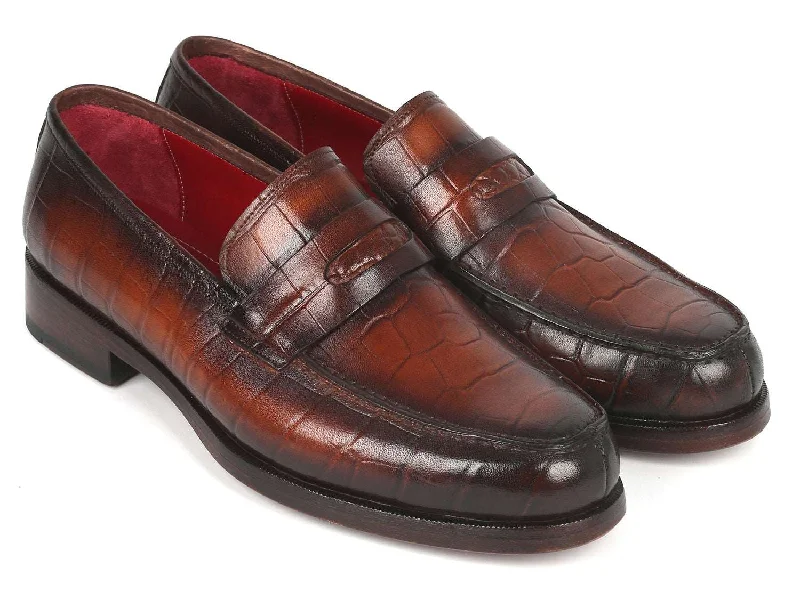 Loafers for night charm-Paul Parkman Brown Crocodile Calfskin Penny Loafers