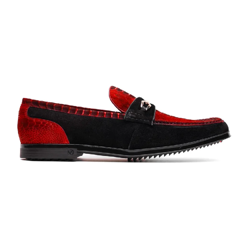 Loafers for outdoor fun-Marco Di Milano Hugo Men's Shoes Red & Black Suede / Ostrich Leg Horsebit Loafers (MDM1057)