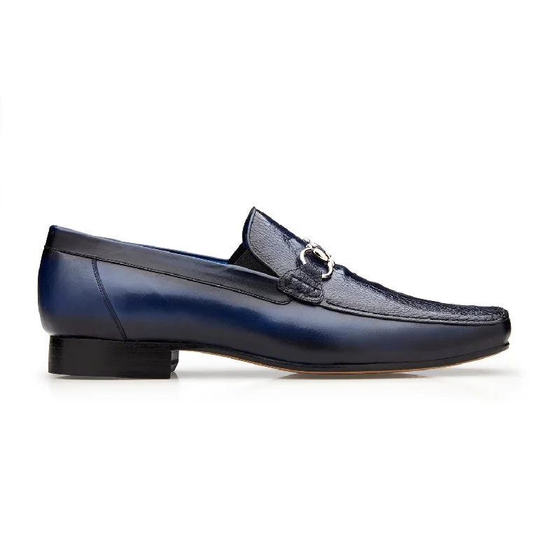 Loafers for city soles-Belvedere Bruno 1026 Men's Shoes Navy Exotic Ostrich / Calf-Skin Leather Horsebit Split-Toe Loafers (BV3074)