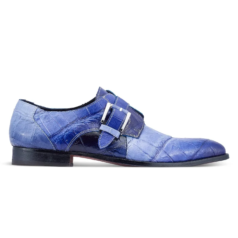 Loafers with snug soles-Mauri Deacon 4853 Men's Shoes Two-Tone Blue Exotic Alligator Monk-Strap Loafers (MA5467)