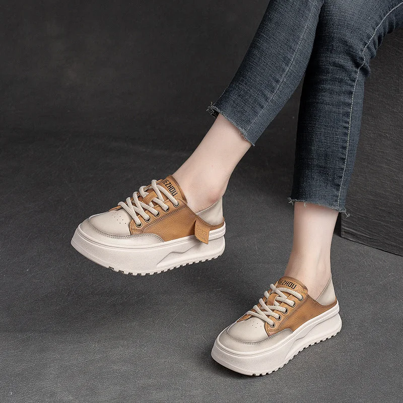 Casual shoes with soft cut -Women Fashion Patchwork Leather Thick Soled Casual Shoes