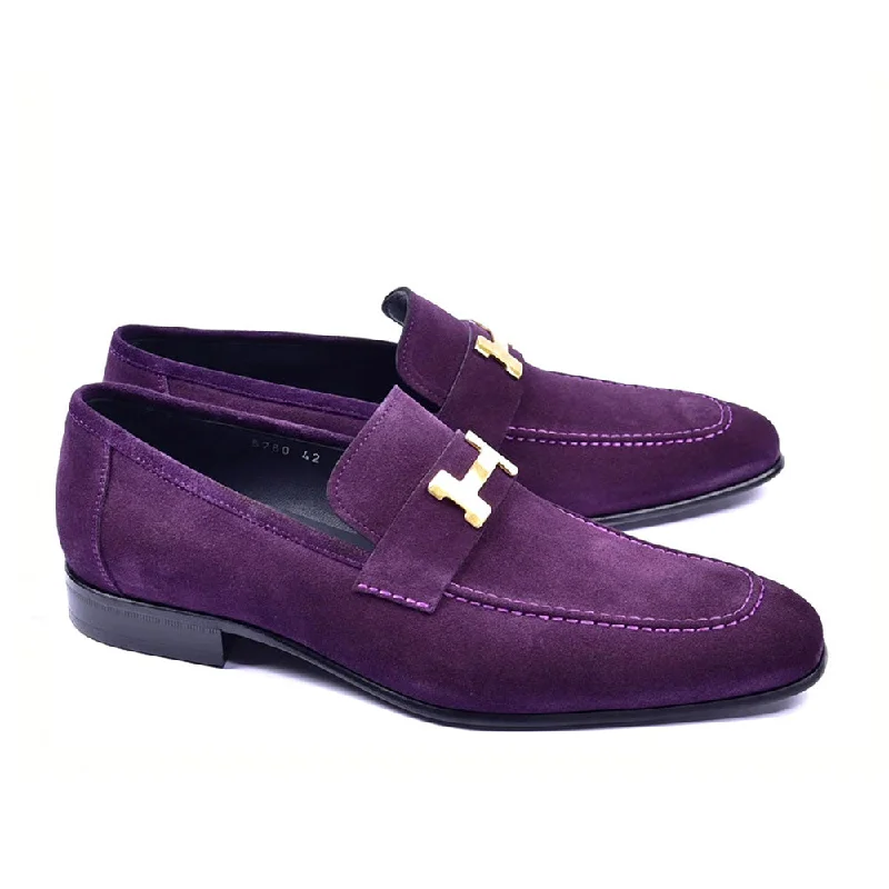 Loafers with trendy charm-Corrente C02004 5760 Men's Shoes Purple Suede Leather H Buckle Loafers (CRT1296)