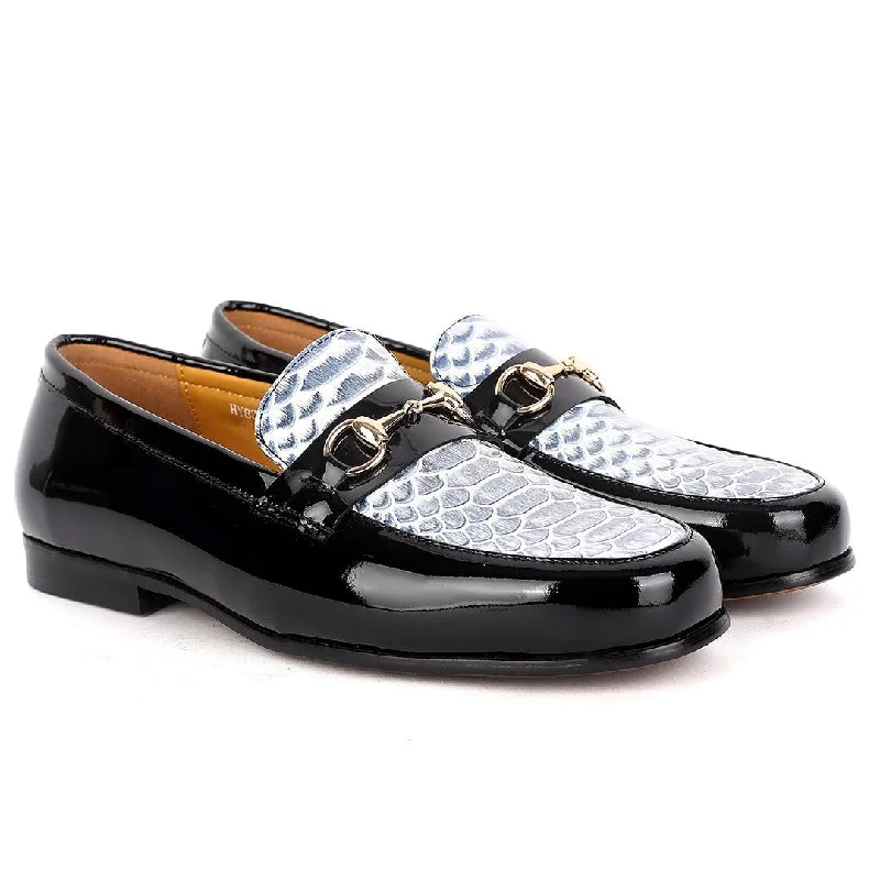 Loafers with good heels-J.M Weston Elegant Black Glossy Loafers Shoe With Croc  Designed Top