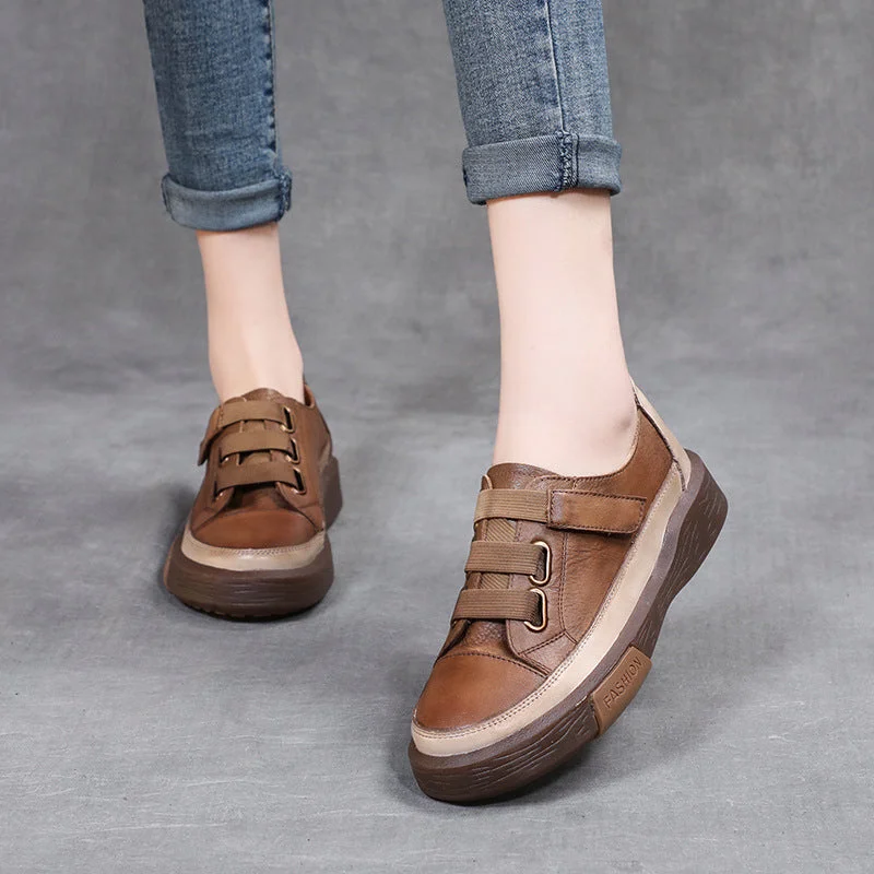 Casual shoes for picnic outings -Women Retro Leather Velcro Tape Casual Shoes