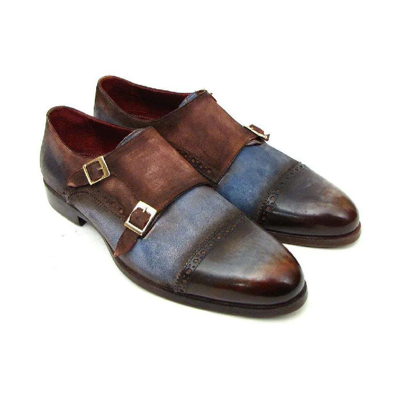 Loafers with reliable grip-Paul Parkman Handmade Designer Shoes Men's Handmade Designer Shoes Captoe Double Monkstrap Brown / Blue Loafers (PM4001)