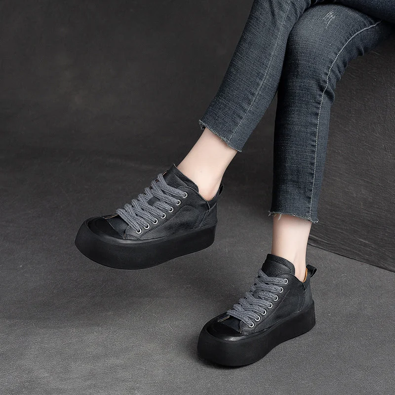 Casual shoes for daily outings -Women Retro Leather Thick Soled Casual Shoes