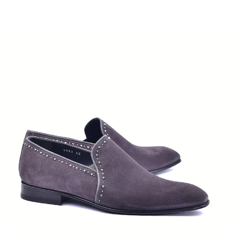 Loafers for evening soles-Corrente C042 4981S Men's Shoes Grey Plain Suede / Calf Skin Leather with Studs Loafers (CRT1368)