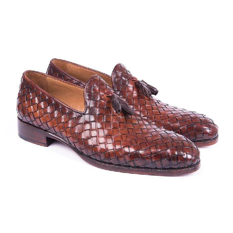 Loafers with supportive soles-Paul Parkman WVN88-BRW Handmade Designer Shoes Men's Brown Woven Calfskin Tassel Loafers (PM5803)