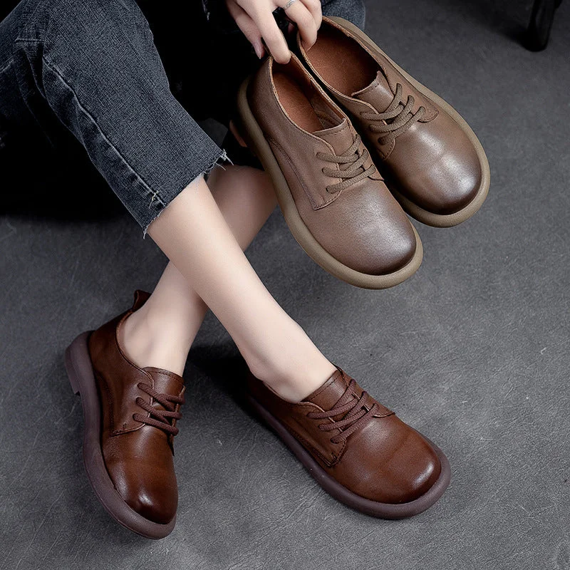 Casual shoes with knit fabric -Women Retro Solid Soft Leather Casual Shoes