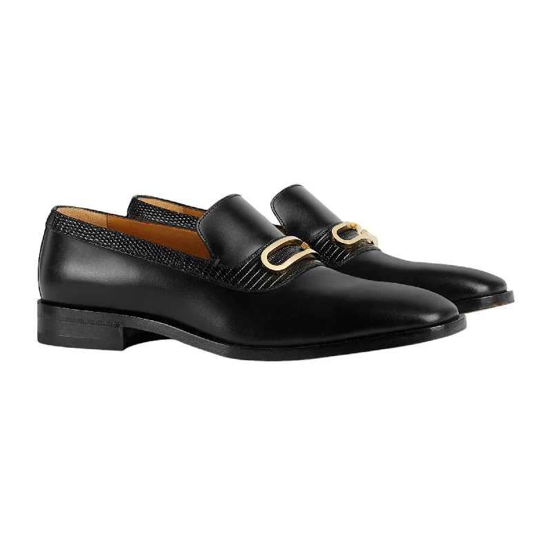 Loafers with cushioned padding-Gucci 750304 AACBM 1000 Men's Shoes Black Horse Calf-Skin Leather / Lizard Geometric G Slip-On Loafers (GGM1742)