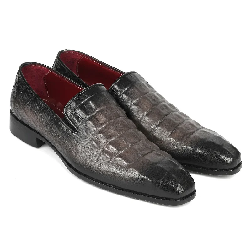 Loafers with fun soles-Paul Parkman 5576-GRY Men's Shoes Gray Crocodile Print Slip-On Loafers (PM6385)