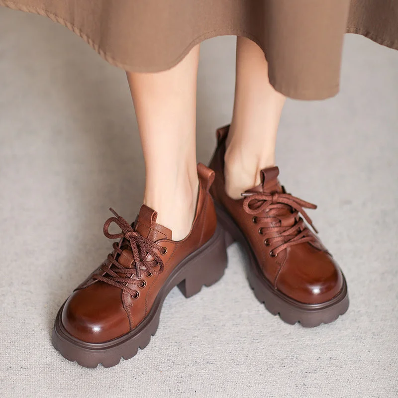 Casual shoes with durable fit -Women Retro Leather Chunky Platform Casual Shoes