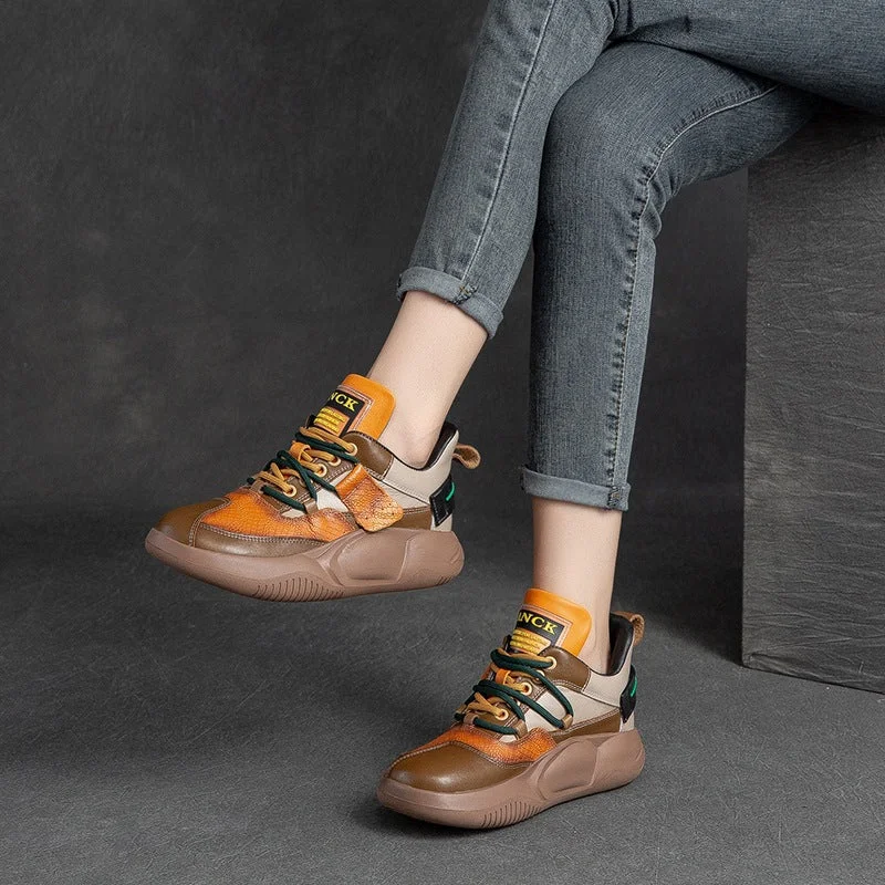 Casual shoes with breathable sole -Women Fashion Patchwork Leather Casual Shoes