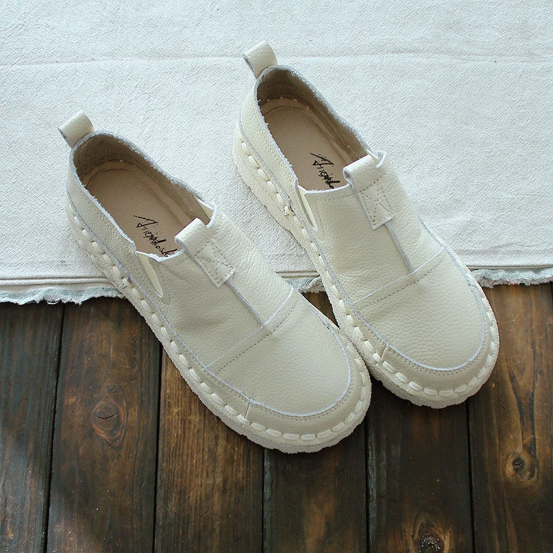 Casual shoes for winter comfort -Women Retro Solid White Leather Casual Shoes