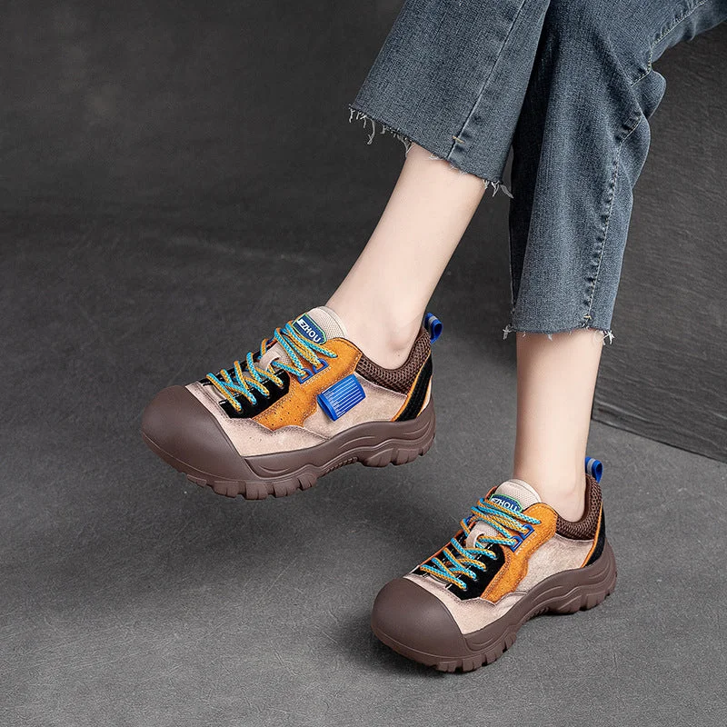 Casual shoes for relaxed wear -Women Color Matching Leather Thick Soled Casual Shoes