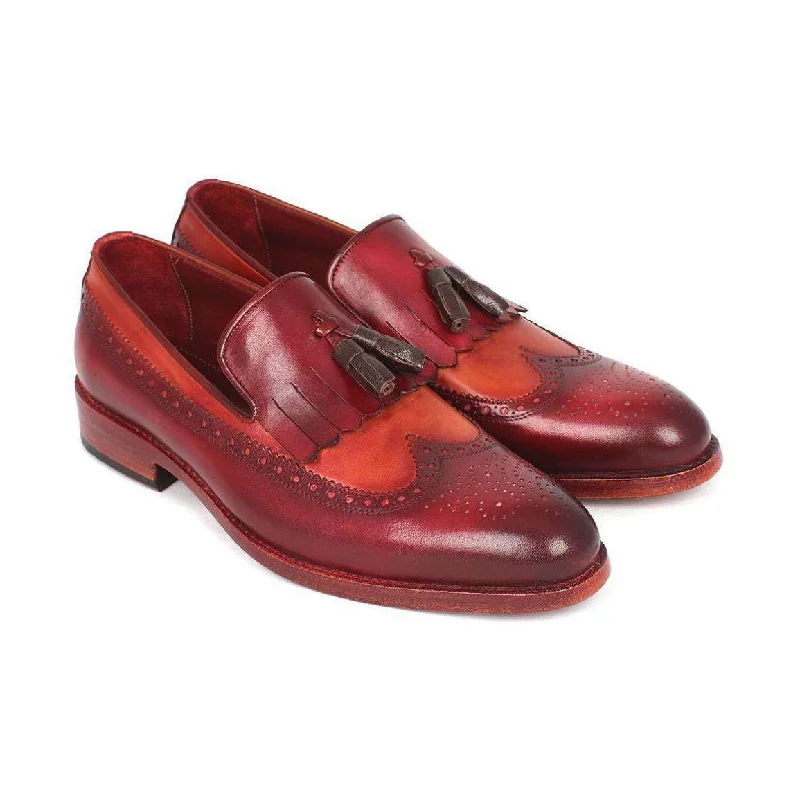 Loafers with breathable fabric-Paul Parkman Handmade Designer Shoes Men's Handmade Designer Shoes Kiltie Tassel Red Tobacco Burgundy Loafers (PM5204)