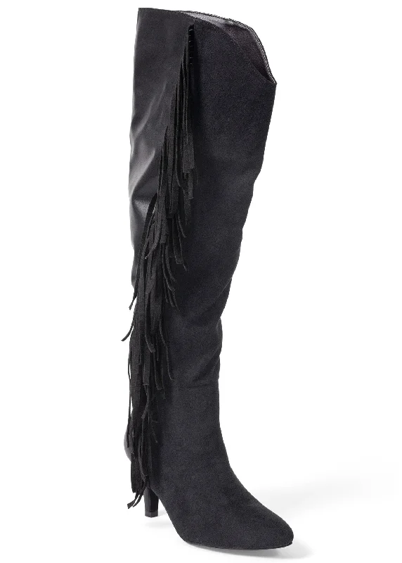 insulated snow boots-Faux-Suede Fringe Boots - Black