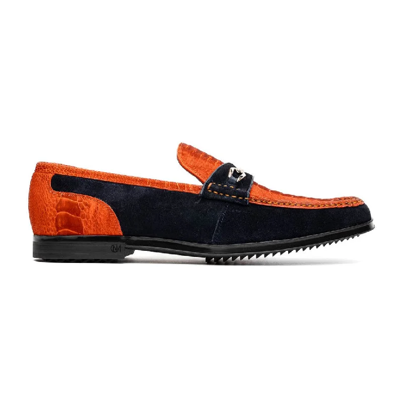 Loafers for office style-Marco Di Milano Hugo Men's Shoes Orange & Navy Suede / Ostrich Leg Horsebit Loafers (MDM1058)