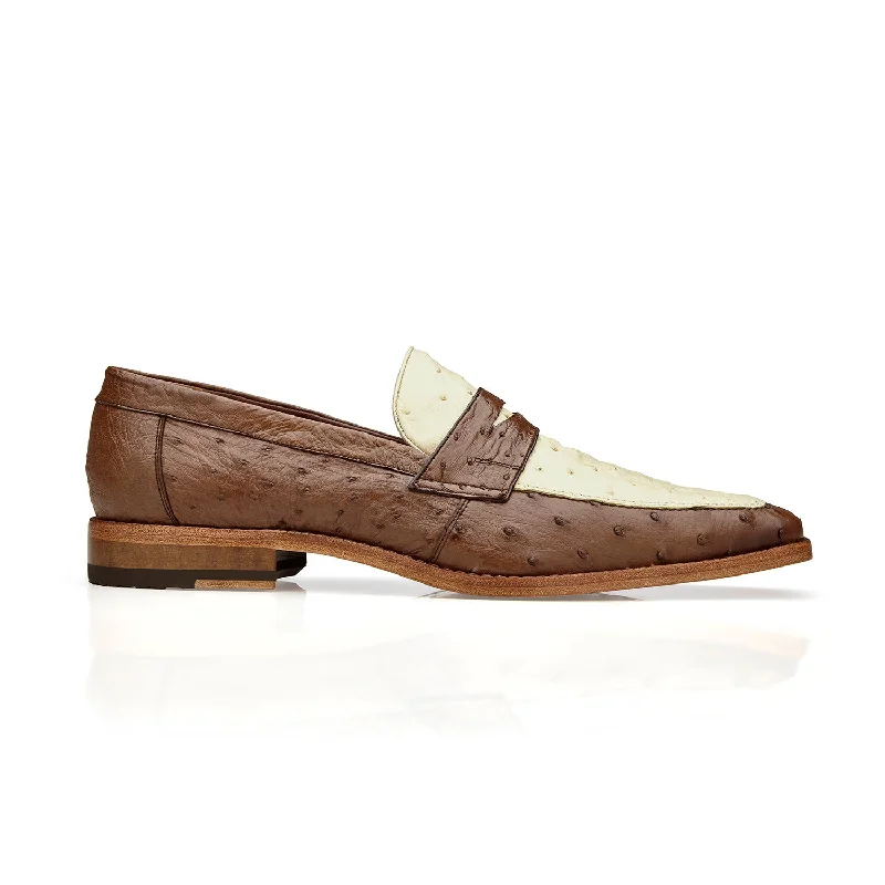 Loafers for fast errands-Belvedere Espada 02440 Men's Shoes Tabacco & Cream Exotic Genuine Ostrich Split-Toe Penny Loafers (BV3155)