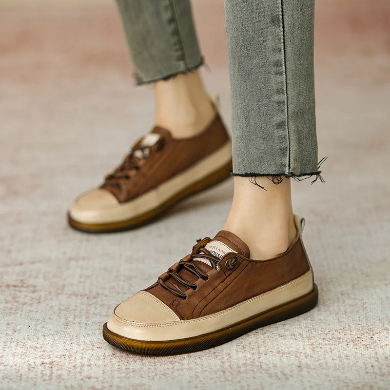 Casual shoes with velcro straps -Women Leather Color Matching Soft Casual Shoes