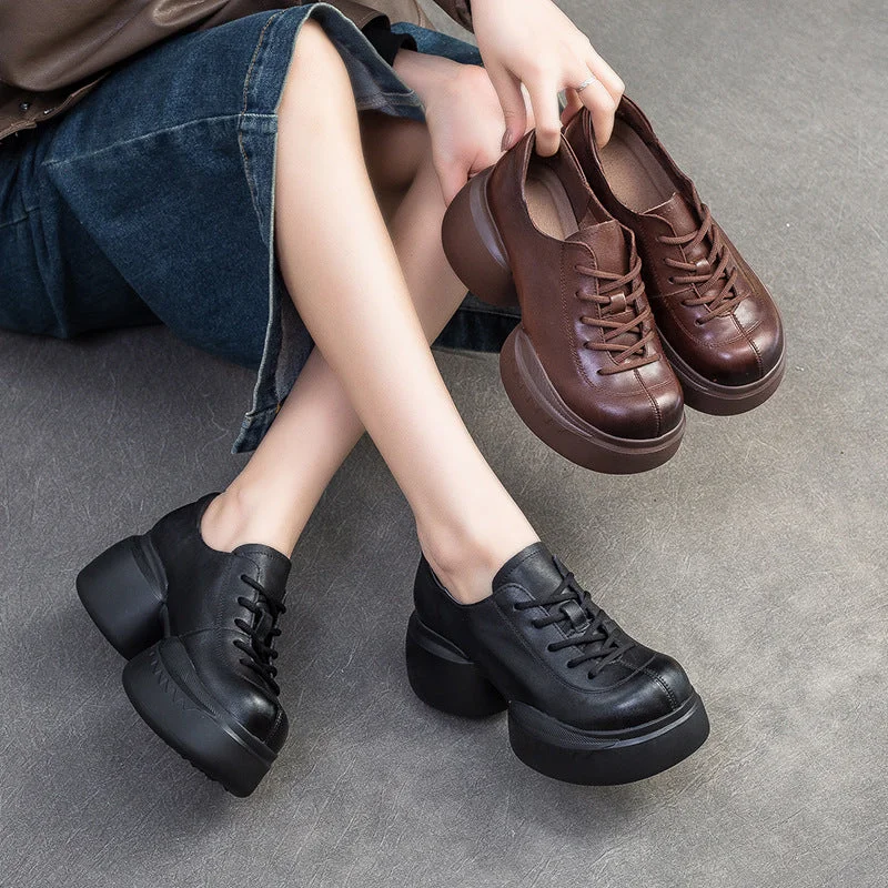 Casual shoes for casual style -Women Minimalist Solid Leather Chunky Platform Casual Shoes