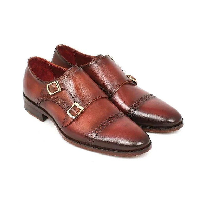 Loafers with trendy accents-Paul Parkman Handmade Designer Shoes Men's Handmade Designer Shoes Cap-toe Double Monkstraps Camel Light Brown Loafers (PM5219)