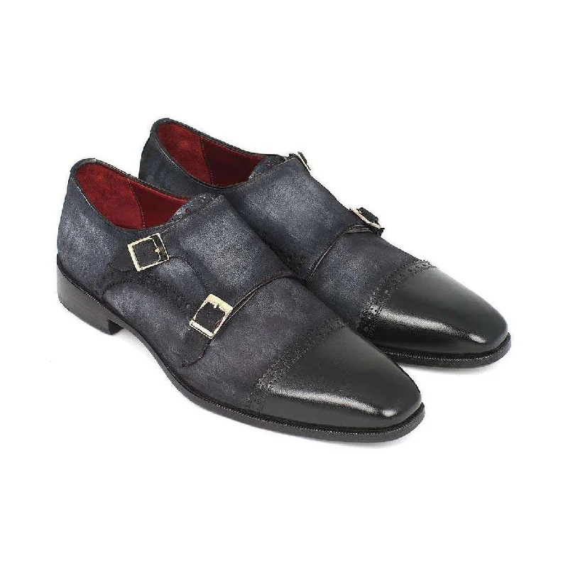 Loafers with sleek styles-Paul Parkman Handmade Designer Shoes Men's Handmade Designer Shoes Captoe Double Monkstraps Suede Navy Loafers (PM4024)