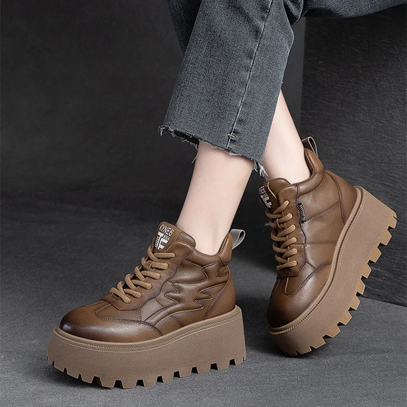 Casual shoes with flexible sole -Women Minimalist Cowhide Chunky Platform Casual Shoes