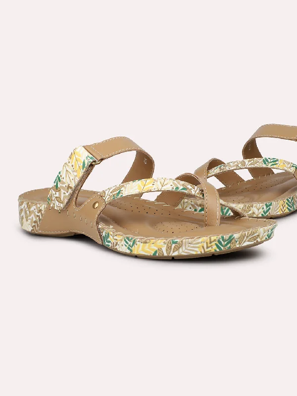 flats near shopping districts-Women Beige Printed One Toe Comfort Flats