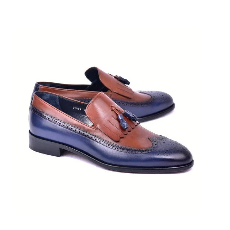 Loafers for evening wear-Corrente C00019-7397 Men's Shoes Navy & Brown Calf-Skin Leather Wingtip Kiltie tassels Loafers (CRT1494)