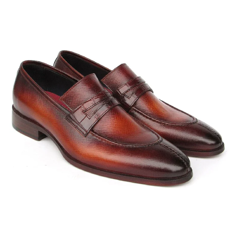 Loafers with stable vibes-Paul Parkman 694TB25 Men's Shoes Brown Hand-Painted Leather Split To Penny Loafers (PM6396)