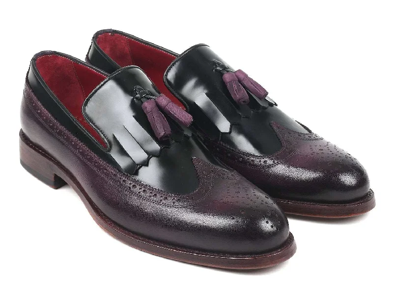 Loafers for evening hues-Paul Parkman Wingtip Tassel Loafers Black/Purple