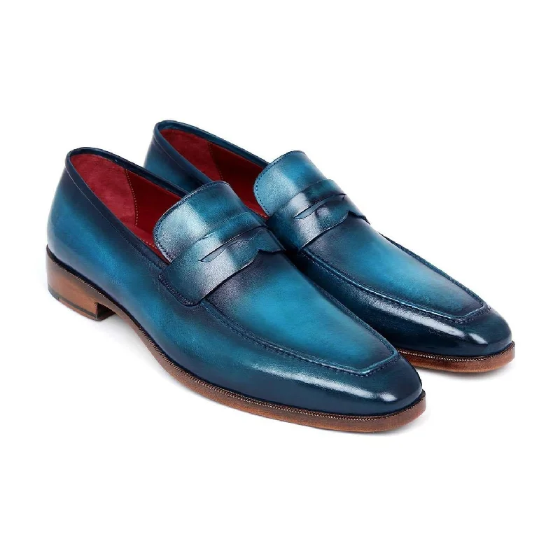 Loafers with cushioned heels-Paul Parkman Handmade Designer Shoes Men's Penny Loafers Blue & Turquoise Calf-skin Leather Loafers (PM5653)