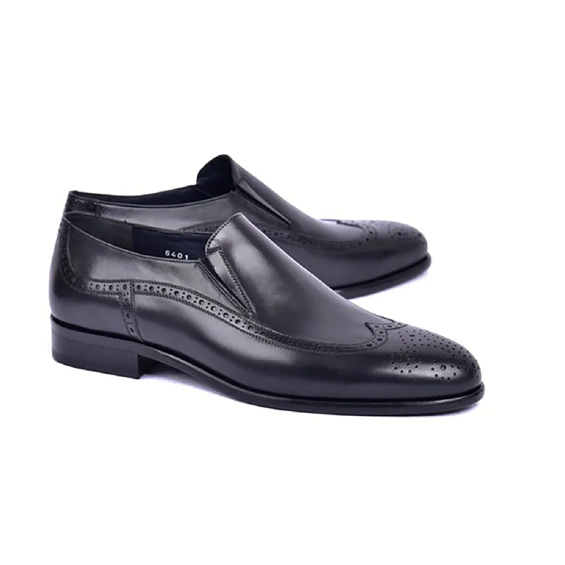 Loafers with stable heels-Corrente C0435-6401 Men's Shoes Black Calf-Skin Leather Wingtip Loafers (CRT1480)