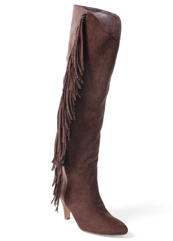 men’s warm boots-Faux-Suede Fringe Boots - Brown