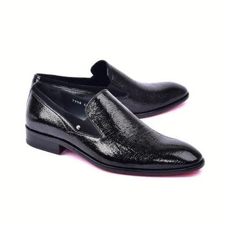 Loafers for warm climates-Corrente C00011-7358 Men's Shoes Black Polished Leather Slip-On Formal Loafers (CRT1483)