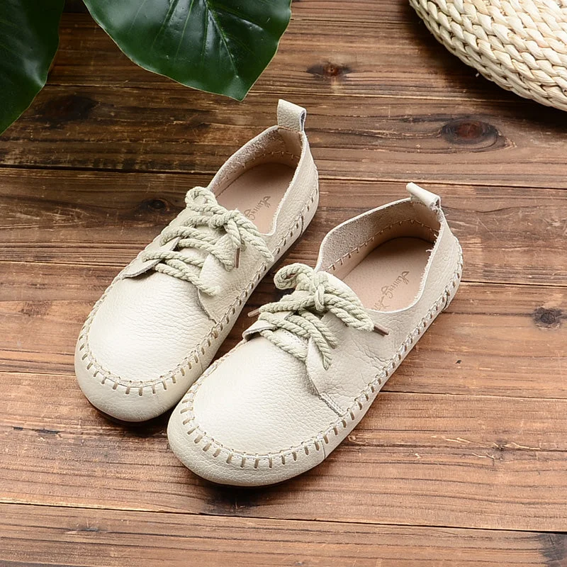 Casual shoes with easy fit -Women Retro Leather Flat Casual Shoes