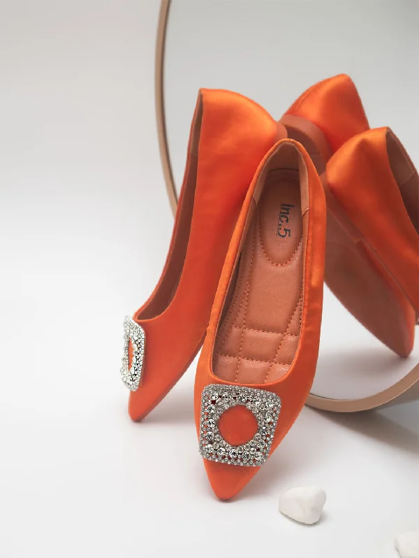 flats near bustling streets-Women Orange Embellished Buckles Flats Ballerinas