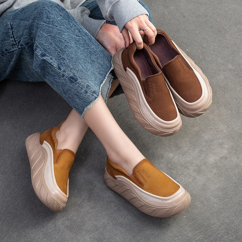 Casual shoes with flexible upper -Women Spring Minimalist Leather Thick Soled Casual Shoes