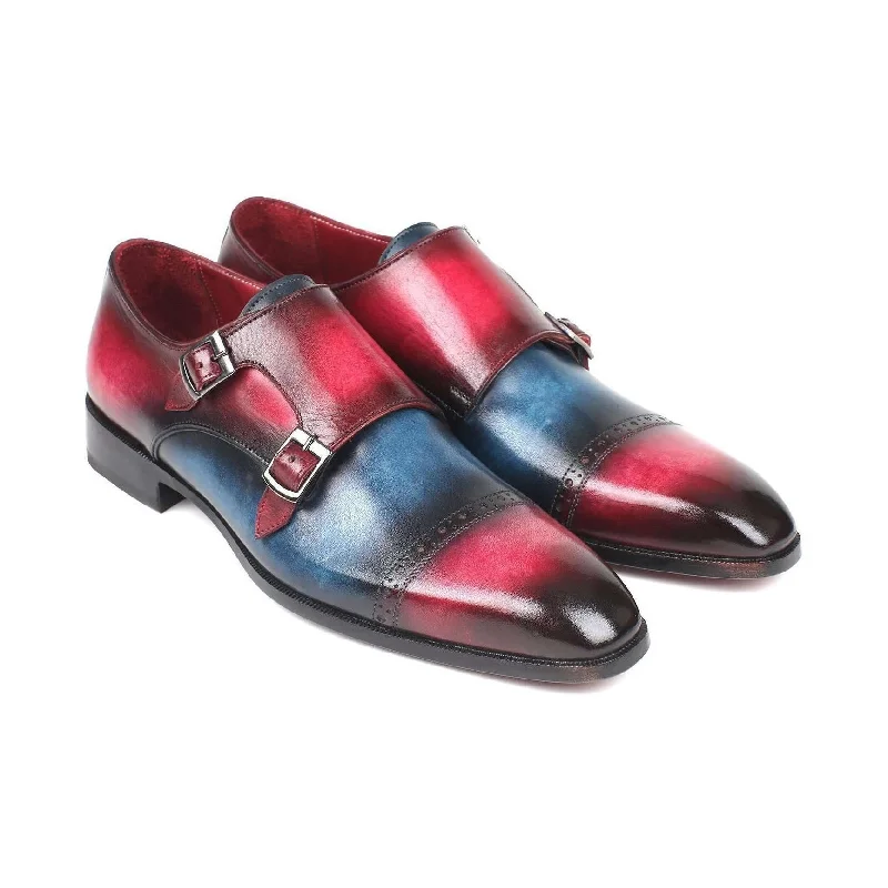 Loafers for urban strolls-Paul Parkman Handmade Designer Shoes Captoe Double Monkstraps Blue & Fuxia Loafers (PM5850)