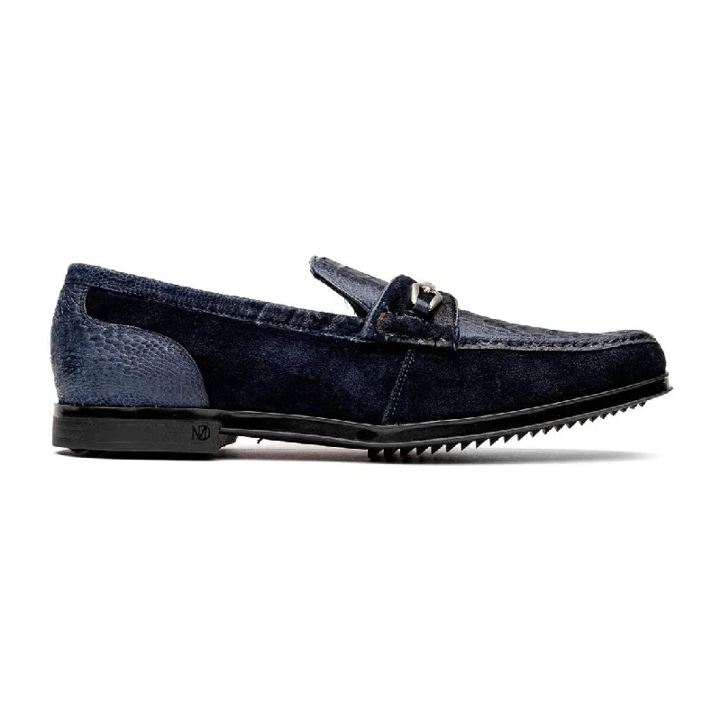 Loafers with rich leather-Marco Di Milano Hugo Men's Shoes Navy Suede / Ostrich Leg Horsebit Loafers (MDM1061)