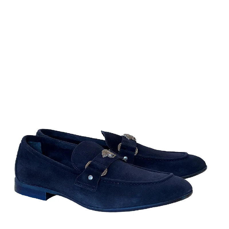 Loafers with light charm-Corrente P000664 5229 Men's Shoes Navy Suede Leather with Medusa Ornament Slip On Loafers (CRT1428)