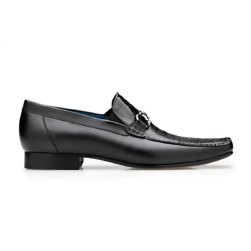 Loafers with firm soles-Belvedere Bruno 1026 Men's Shoes Black Exotic Ostrich / Calf-Skin Leather Horsebit Split-Toe Loafers (BV3072)