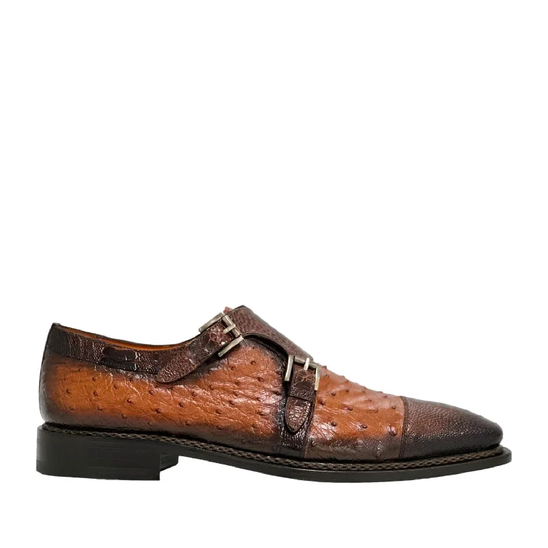 Loafers with unique designs-Mezlan SX4957-SP Men's Shoes Brown & Brandy Exotic Ostrich / Lizard Double Monk-Straps Loafers (MZ3679)