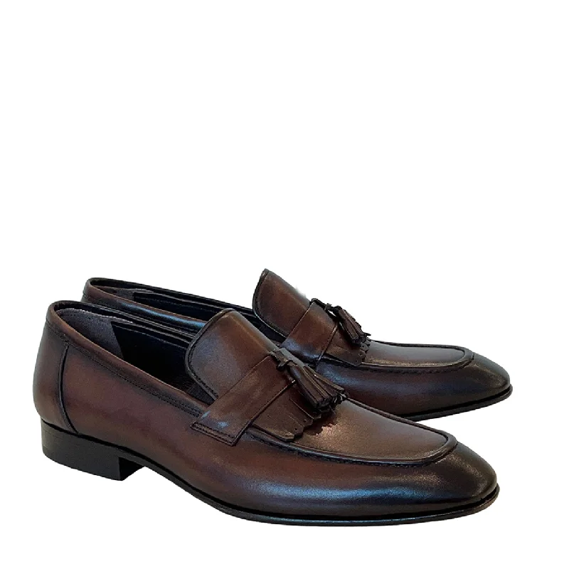 Loafers with stretch charm-Corrente P00061 3010 Men's Shoes Brown Calf Skin Leather Kiltie Tassel Loafers (CRT1410)