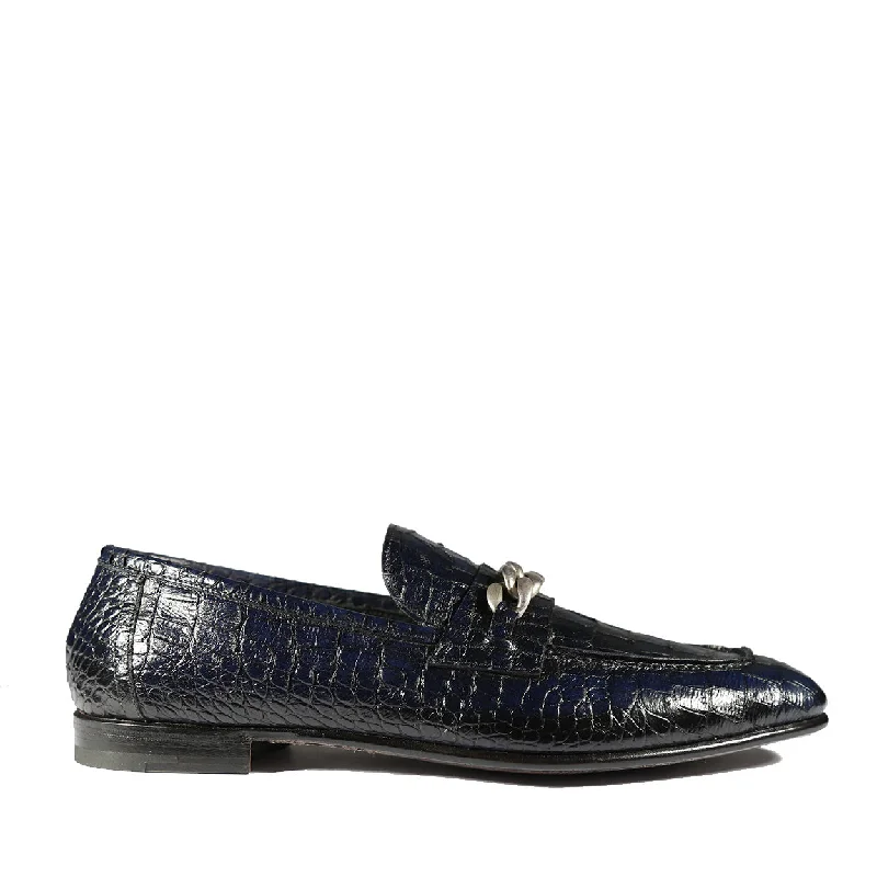 Loafers for fast charm-Jo Ghost 2955 Men's Shoes Navy Crocodile Print Leather Chain Loafers (JG5312)