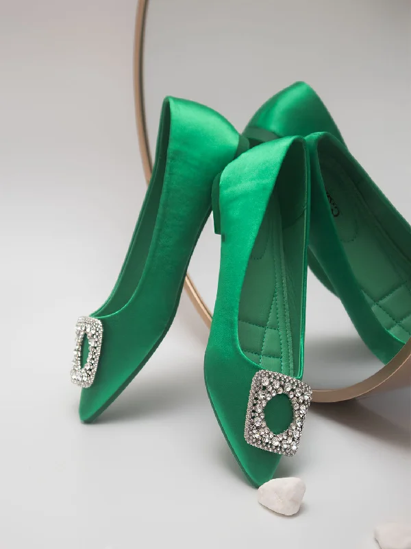 luxury flats for rent-Women Green Embellished Buckles Flats Ballerinas