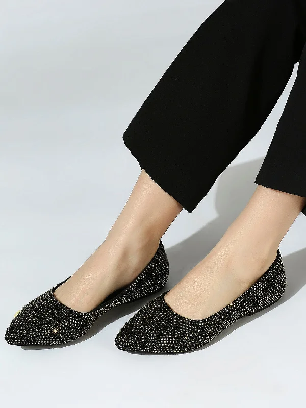 flats with cozy patios-Women Black-Coloured Embellished Ballerinas Flats