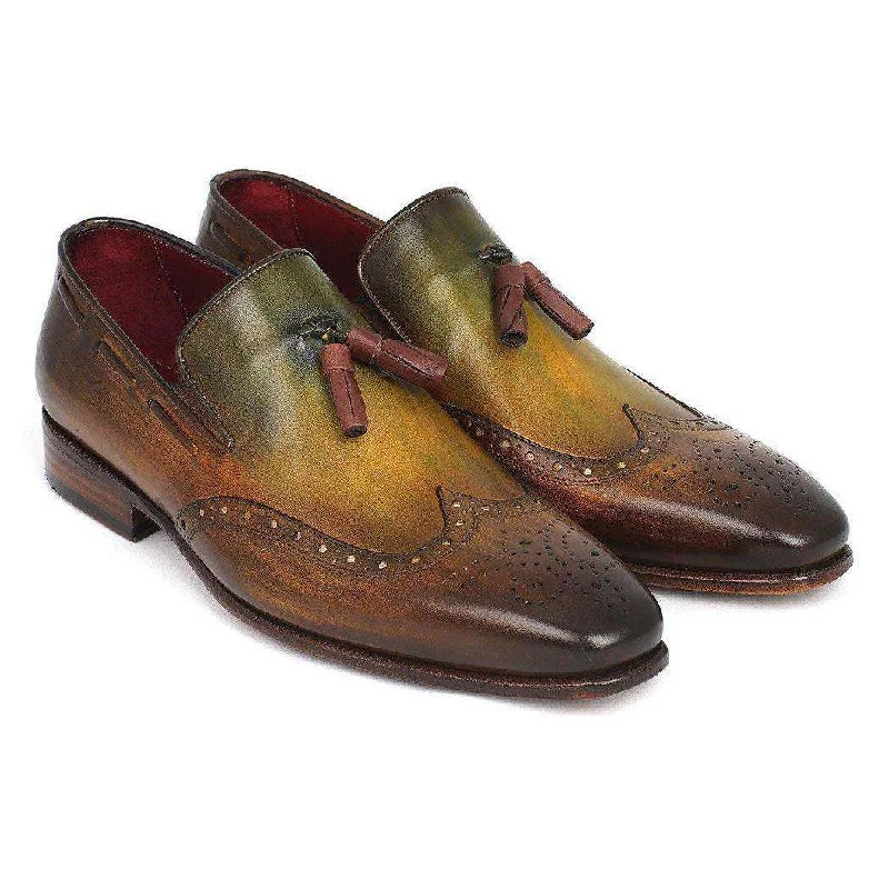 Loafers for long commutes-Paul Parkman Handmade Designer Shoes Men's Wingtip Tassel Green Loafers (PM5463)