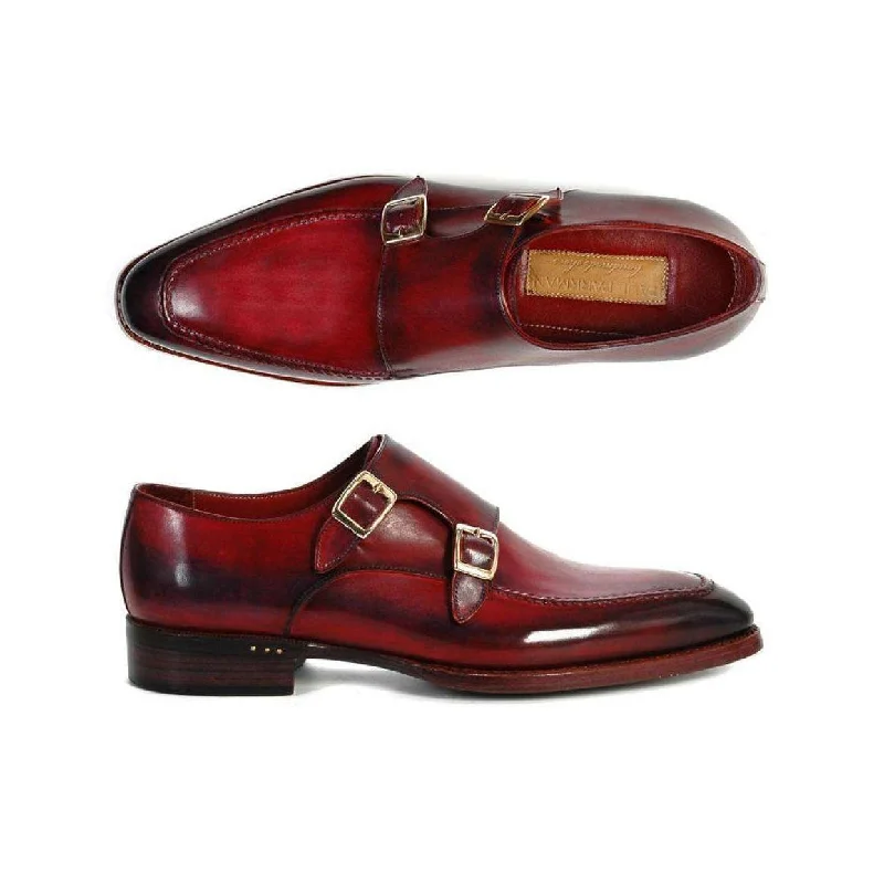 Loafers for city walks-Paul Parkman Handmade Designer Shoes Men's Handmade Designer Shoes Double Monkstrap Black Burgundy Loafers (PM5236)